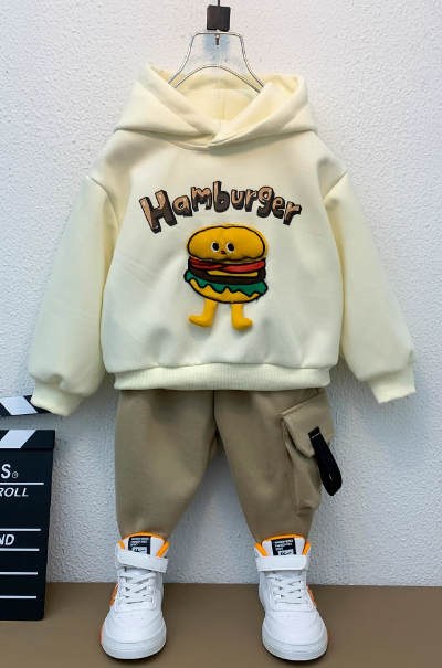 Bej Kapüşonlu Çocuk Sweatshirt ve Pantolon Takımı Rahat