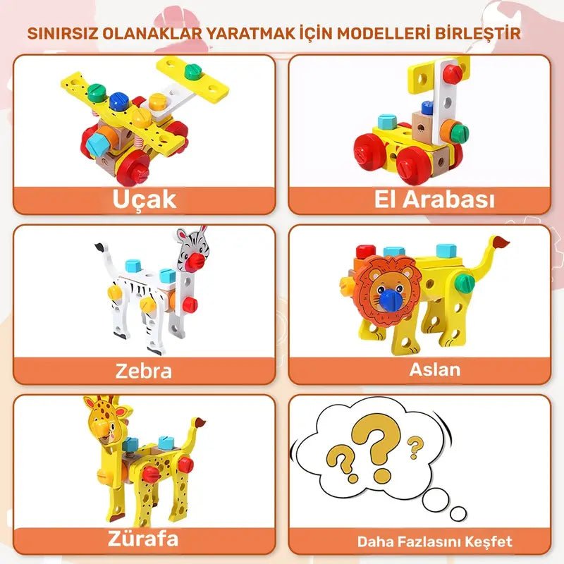 Ahşap Hayvan Montaj Kutusu Çocuklar İçin Eğitici Yapboz Seti - MAKKA