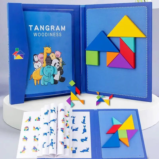 Ahşap Manyetik Tangram Yapboz Kitabı Montessori Taşınabilir Eğitici Oyuncak - MAKKA