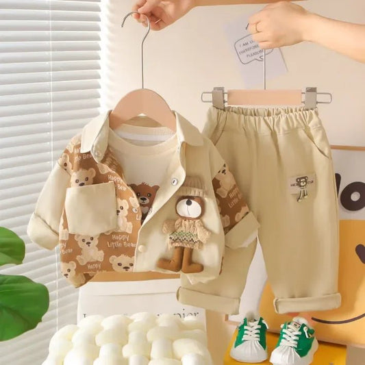Ayıcık Baskılı 3 Parça Bebek Takımı Rahat Gömlek Tişört Pantolon - MAKKA