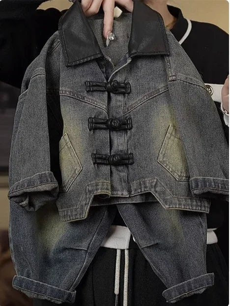 Çocuk Siyah Kot Alt Üst Takım Rahat Lastikli Bel - MAKKA