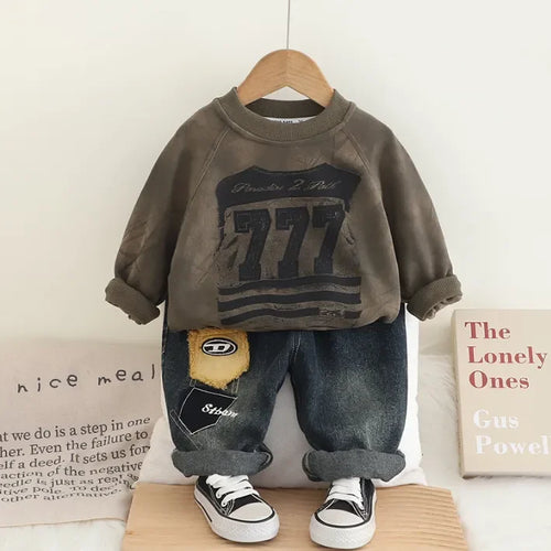 Pamuklu Baskılı Sweatshirt ve Eskitme Kot 2 Parça Takım - MAKKA