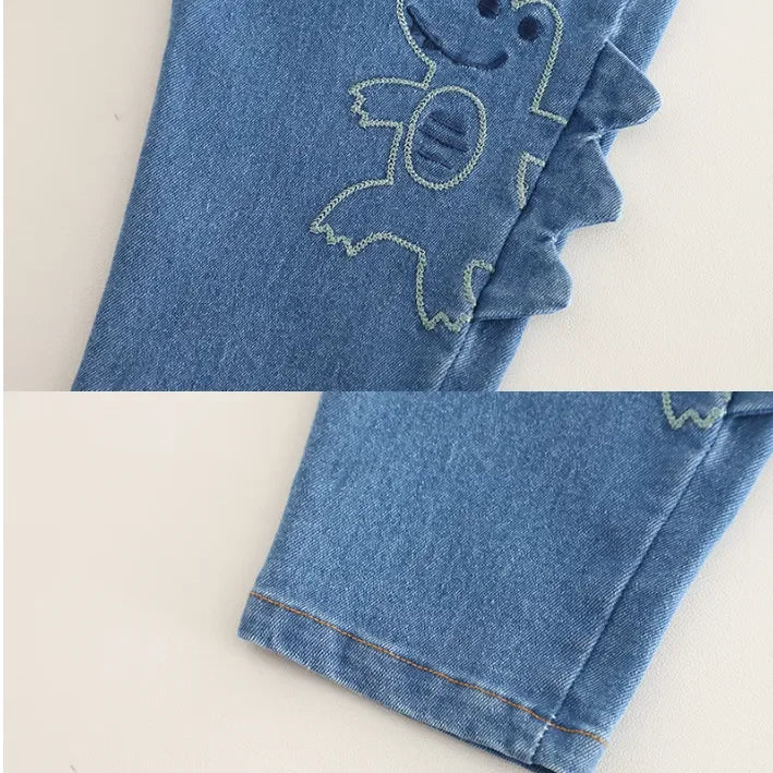 Dinozorlu Çantalı 3 Parça Unisex Çocuk Takımı Pamuklu Nakışlı Kot - MAKKA