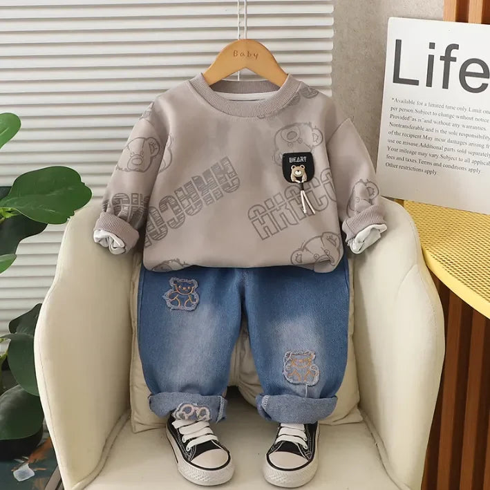 Pelüş Ayıcık Detaylı Sweat ve Nakışlı Jean Çocuk Takımı - MAKKA