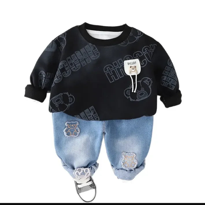 Pelüş Ayıcık Detaylı Sweat ve Nakışlı Jean Çocuk Takımı - MAKKA