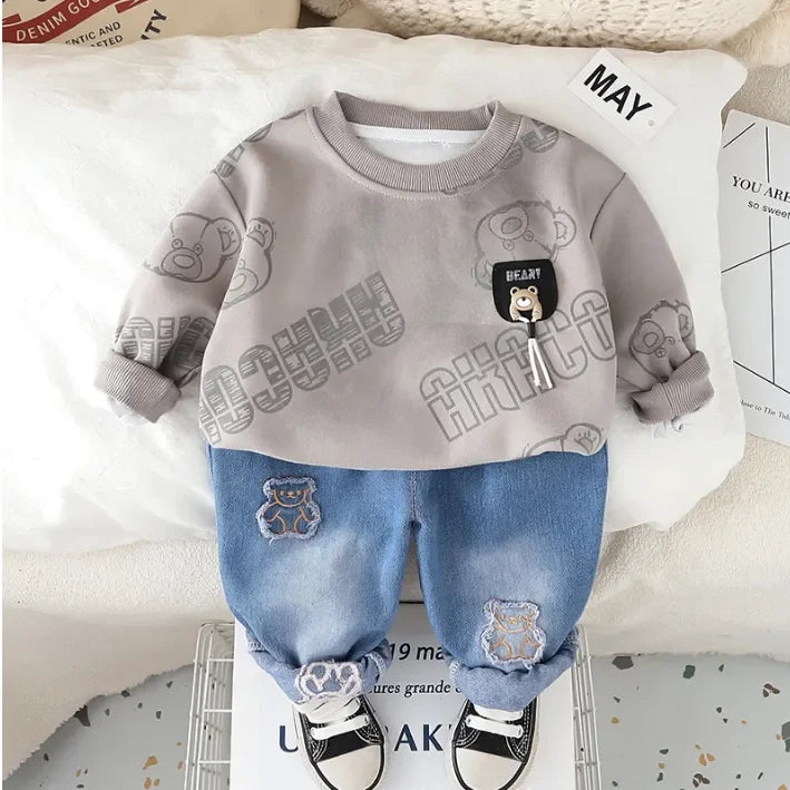 Pelüş Ayıcık Detaylı Sweat ve Nakışlı Jean Çocuk Takımı - MAKKA