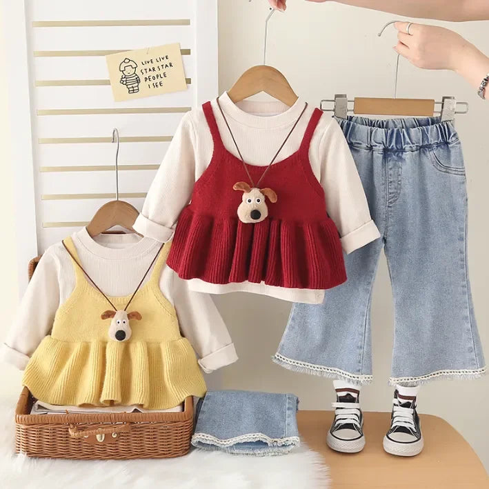 Kız Çocuk 3 Parçalı Triko Bluz Kot Pantolon Peluş Kolye - MAKKA
