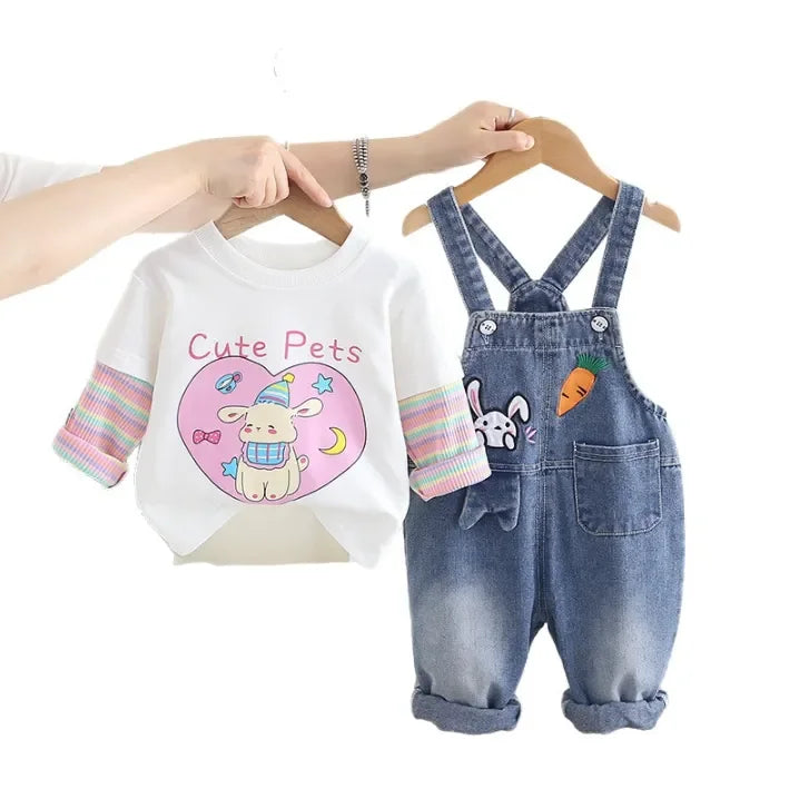 Kız Çocuk Denim Salopetli 2'li Takım Uzun Kollu Tişörtlü - MAKKA