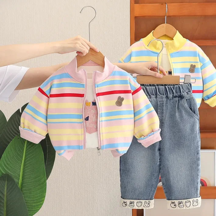 3 Parçalı Unisex Renkli Çizgili Çocuk Takımı Rahat Spor Kombin - MAKKA