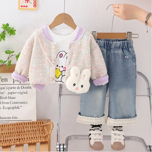 Kız Çocuk Tavşan Desenli Hırkalı Kot Pantolon 1-5 Yaş Takımı - MAKKA