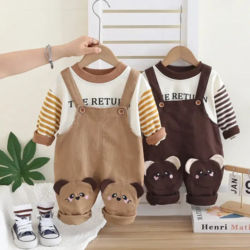 Unisex Ayıcık Dizli Salopet ve Çizgili Sweat Takımı 1-5 Yaş - MAKKA