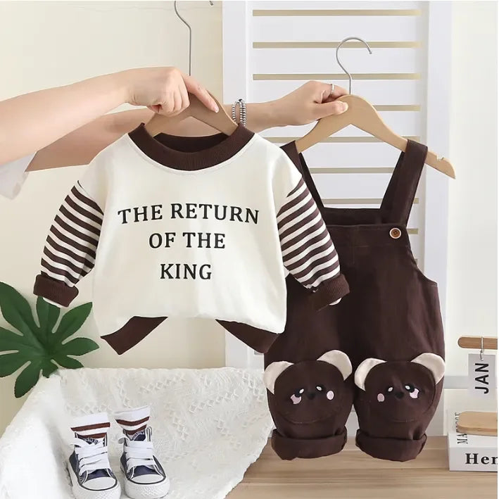 Unisex Ayıcık Dizli Salopet ve Çizgili Sweat Takımı 1-5 Yaş - MAKKA