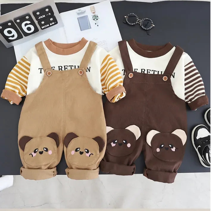 Unisex Ayıcık Dizli Salopet ve Çizgili Sweat Takımı 1-5 Yaş - MAKKA