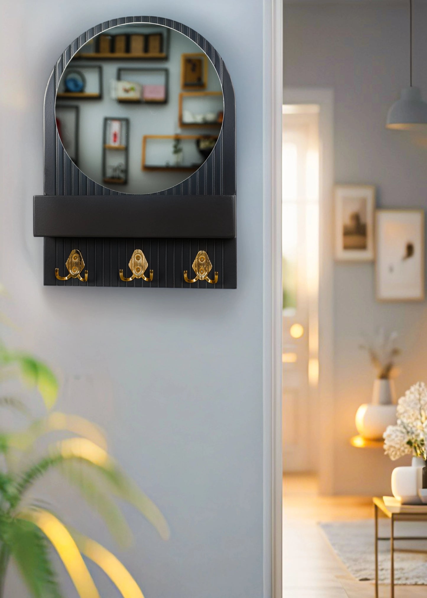 Dekoratif Aynalı Raflı Ahşap Duvara Monte Askılık Antrasit - MAKKA