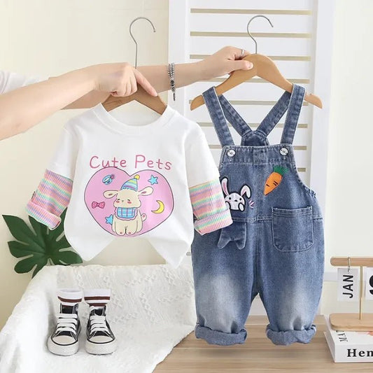 Kız Çocuk Denim Salopetli 2'li Takım Uzun Kollu Tişörtlü - MAKKA