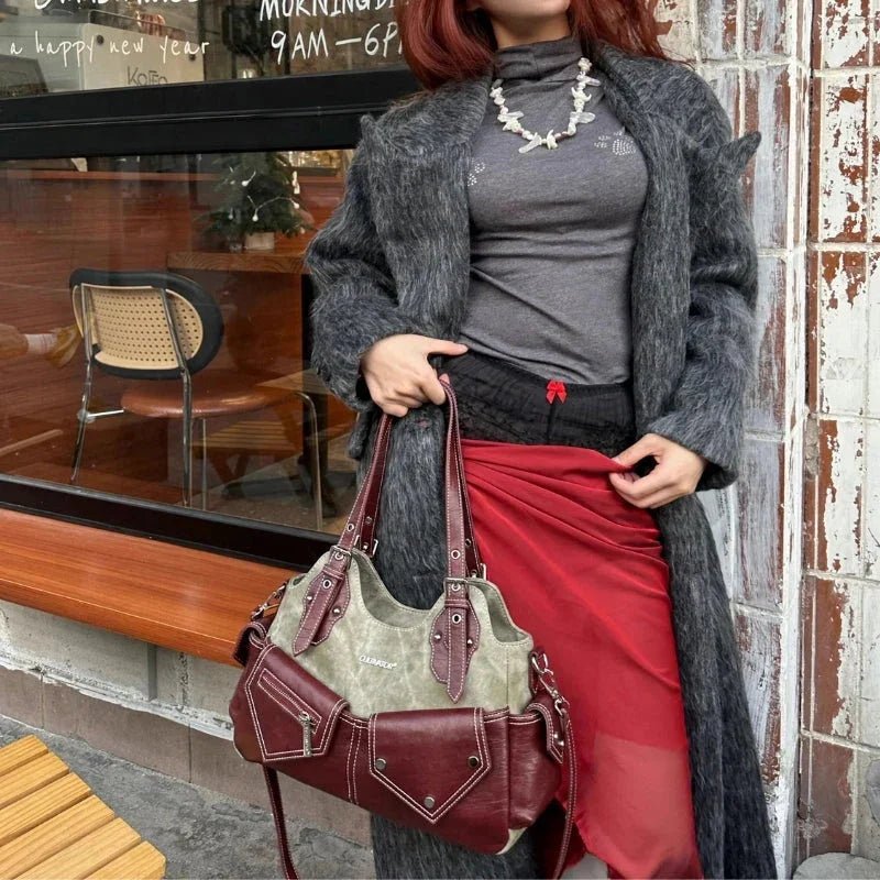 Kontrast Cepli Denim ve Bordo Kadın Çantası PU - MAKKA