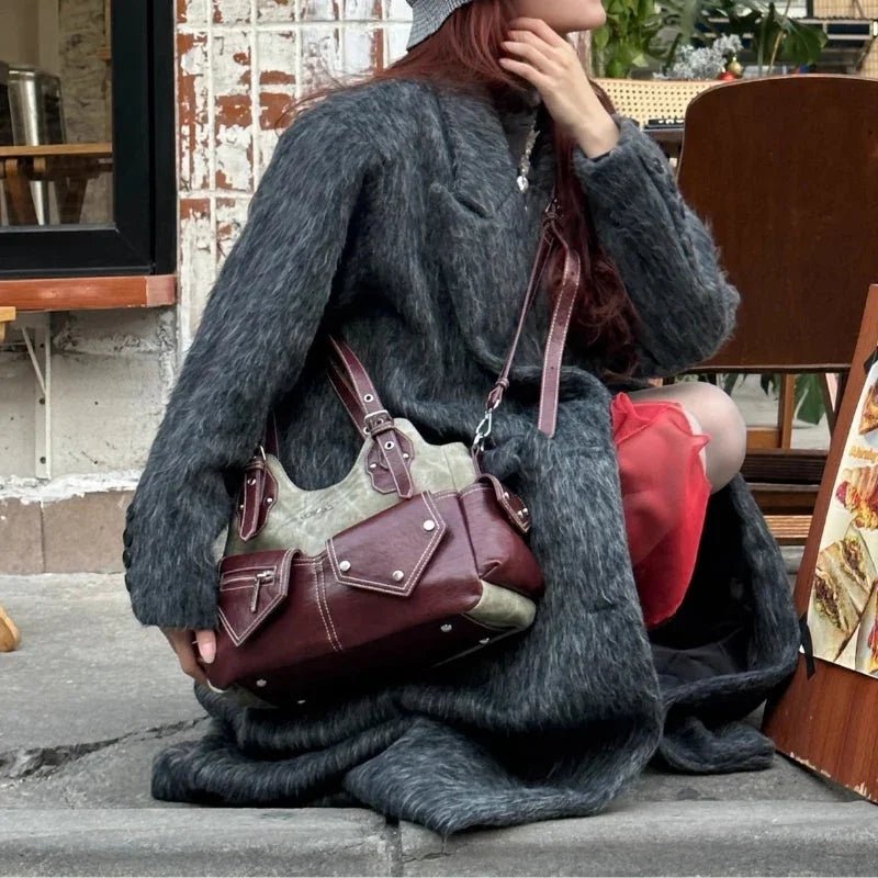 Kontrast Cepli Denim ve Bordo Kadın Çantası PU - MAKKA