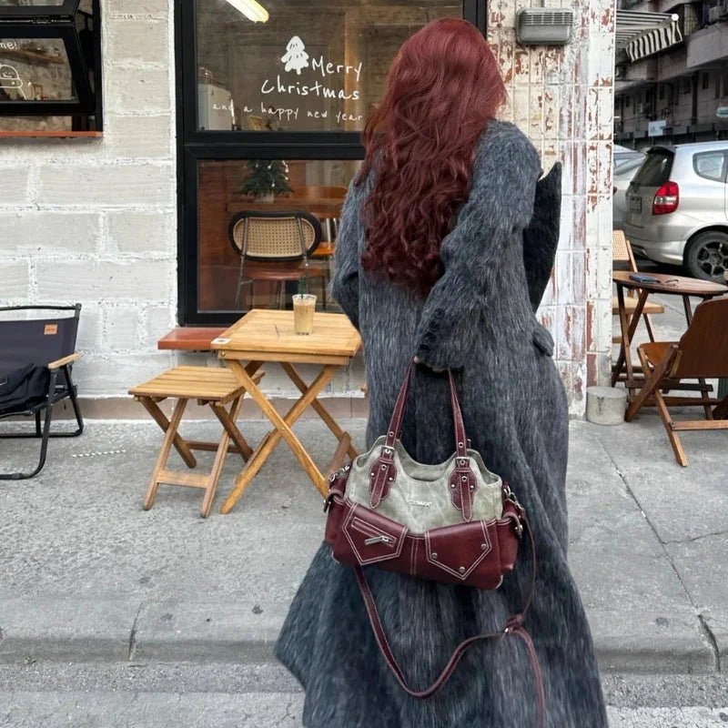 Kontrast Cepli Denim ve Bordo Kadın Çantası PU - MAKKA