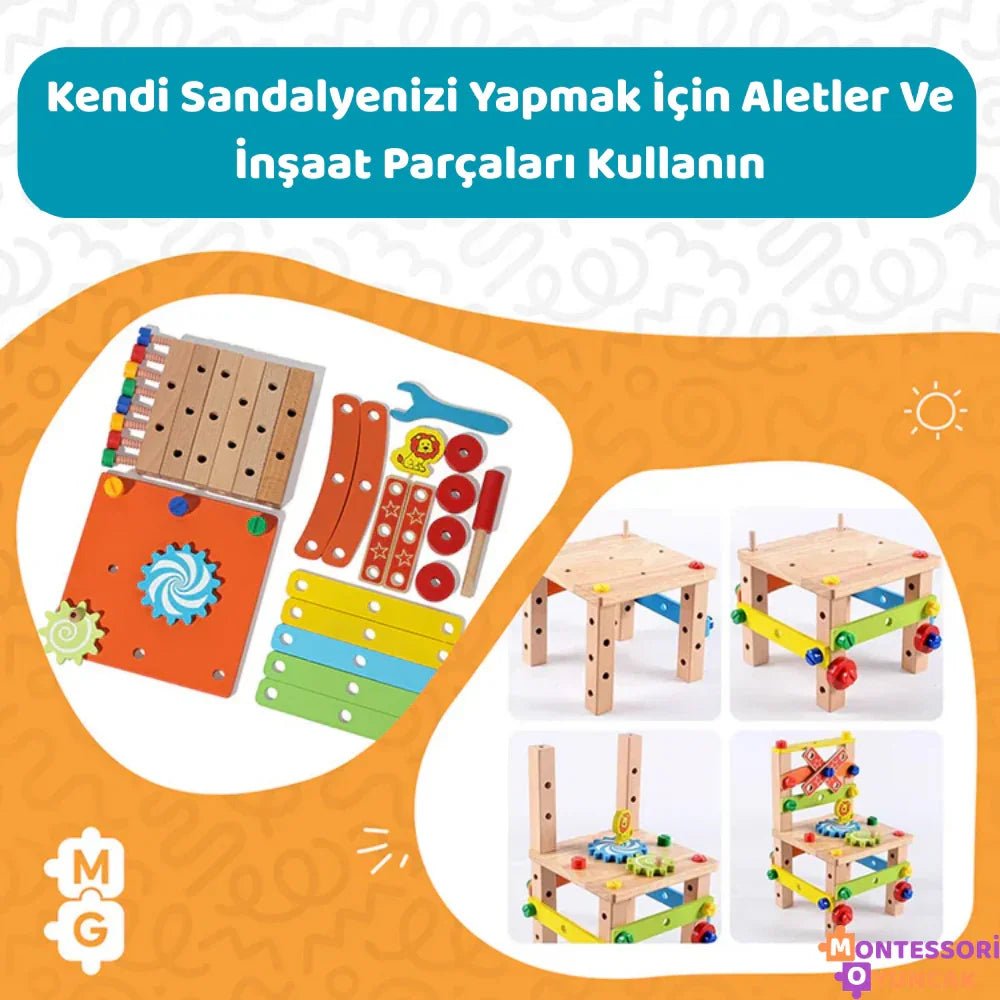 Montessori Kendin Yap Eğlence Sandalyesi Ahşap Ayarlanabilir Ergonomik Hafif - MAKKA