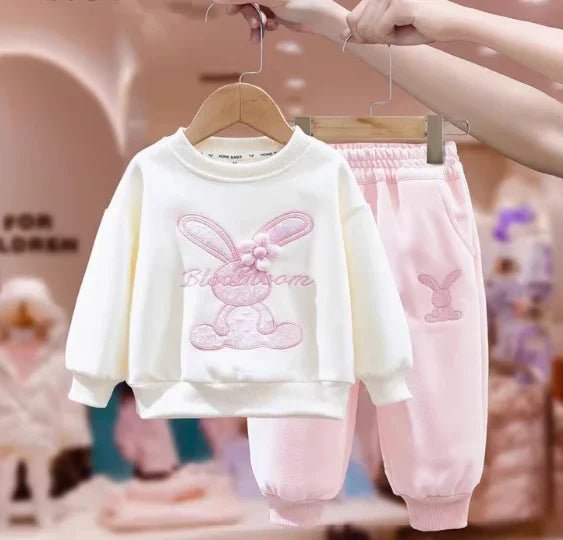 Pamuklu Pembe Beyaz Kız Çocuk Takım Uzun Kollu Rahat Esnek Bel - MAKKA