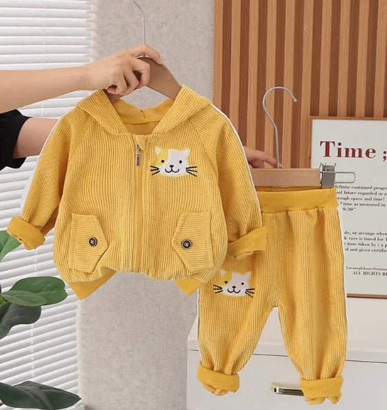 Sarı Kapşonlu Kız Çocuk Takımı Yumuşak Pamuklu Rahat Kesim - MAKKA