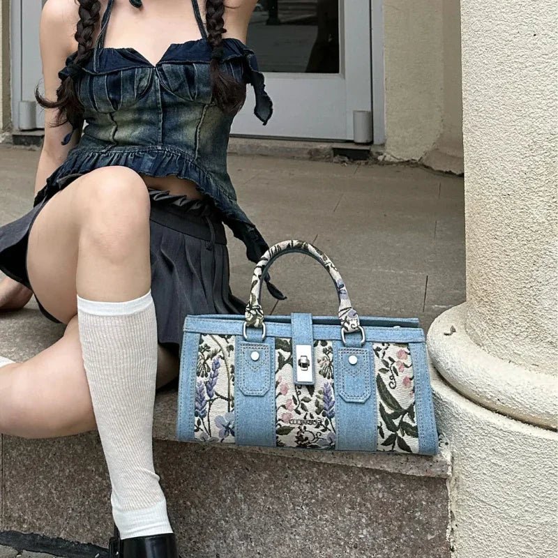 Vintage Kadın Denim Panel Detaylı Mini Omuz Çantası - MAKKA