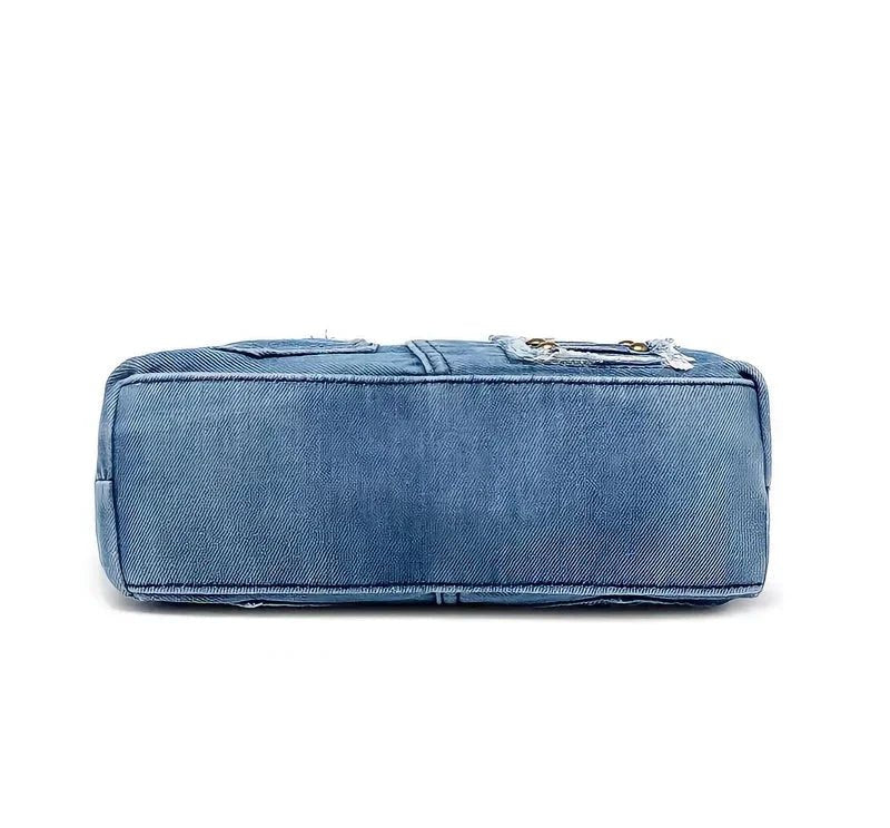 Vintage Perçin Detaylı Denim Kadın Omuz Çantası Büyük Tote - MAKKA