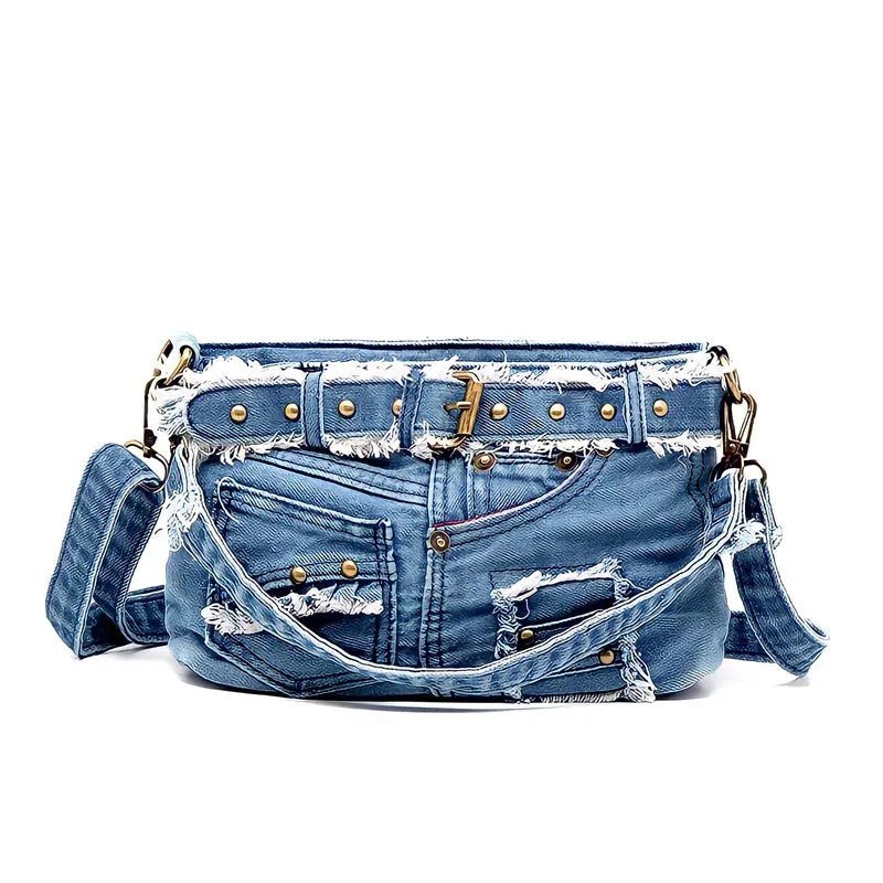 Vintage Perçin Detaylı Denim Kadın Omuz Çantası Büyük Tote - MAKKA