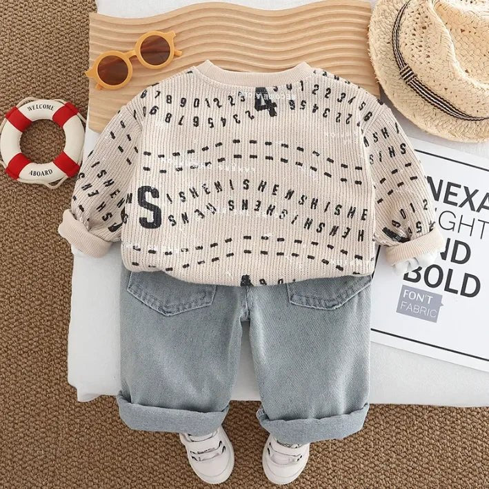 1 - 5 Yaş Erkek Rakam Baskılı Sweat ve Esnek Kot Takımı - MAKKA