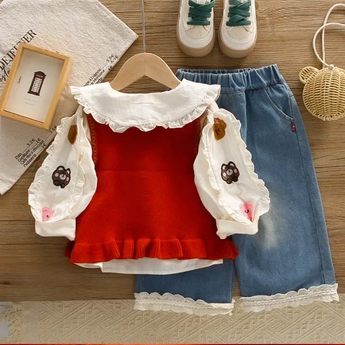 1 - 5 Yaş Kız Ayıcık İşlemeli Dantelli Jean Etekli Takım - MAKKA