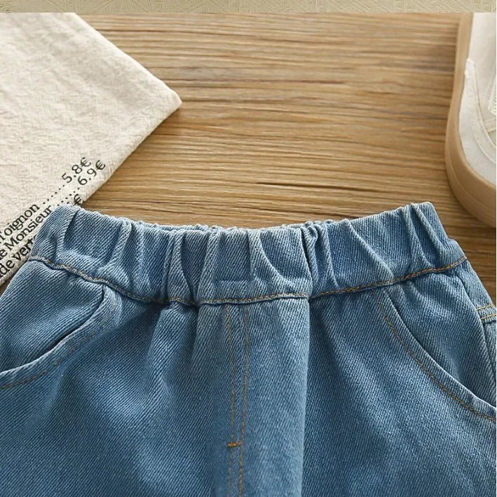 1 - 5 Yaş Kız Ayıcık İşlemeli Dantelli Jean Etekli Takım - MAKKA