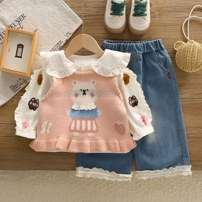 1 - 5 Yaş Kız Ayıcık İşlemeli Dantelli Jean Etekli Takım - MAKKA