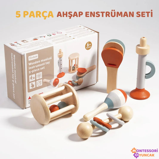 Montessori Ahşap 5 Parçalı Müzik Enstrüman Eğitici Seti - MAKKA