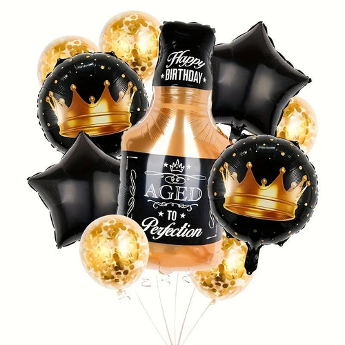 10'lu Siyah Pentagram Viski Şişesi Folyo Balon Seti Parti Dekoru - MAKKA