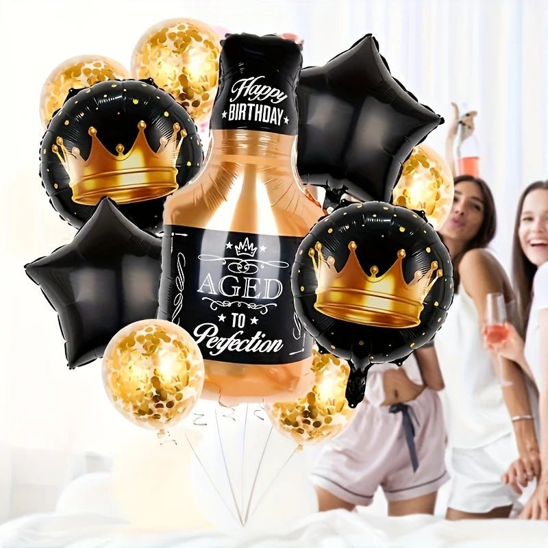 10'lu Siyah Pentagram Viski Şişesi Folyo Balon Seti Parti Dekoru - MAKKA