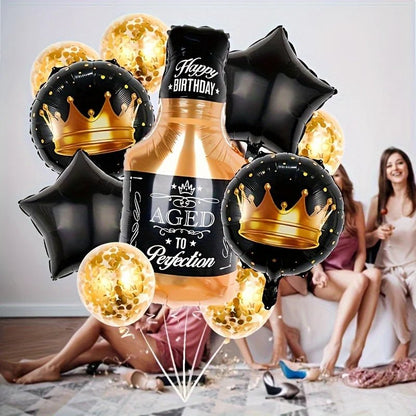 10'lu Siyah Pentagram Viski Şişesi Folyo Balon Seti Parti Dekoru - MAKKA