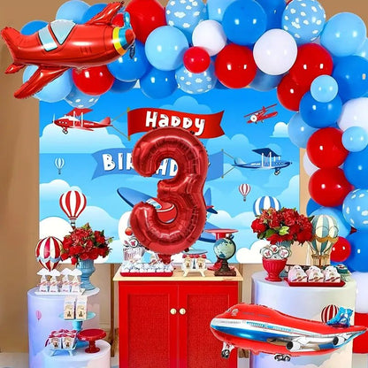 113 Parça Uçak Temalı Balon Seti 12 inç Folyo Mavi - MAKKA