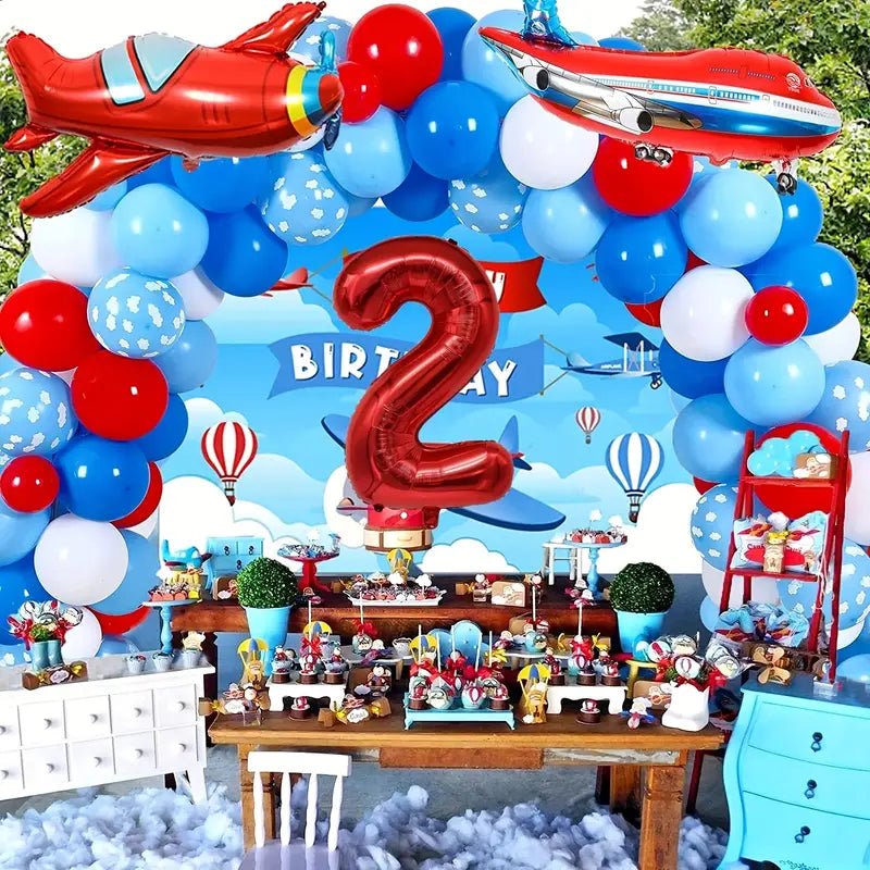 113 Parça Uçak Temalı Balon Seti 12 inç Folyo Mavi - MAKKA