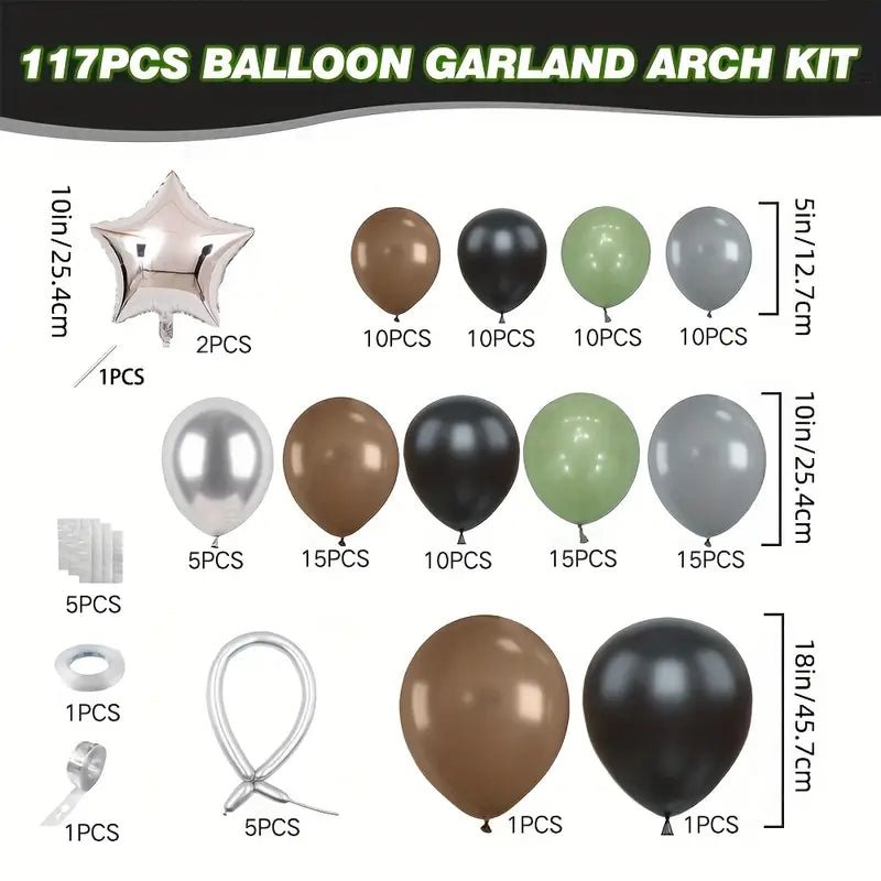 117 Parça Metalik Siyah Yeşil Gri Gümüş Parti Balon Seti - MAKKA