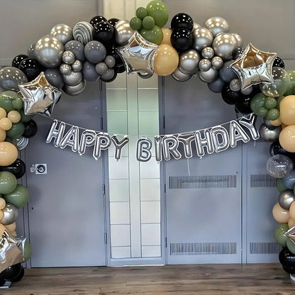 117 Parça Metalik Siyah Yeşil Gri Gümüş Parti Balon Seti - MAKKA