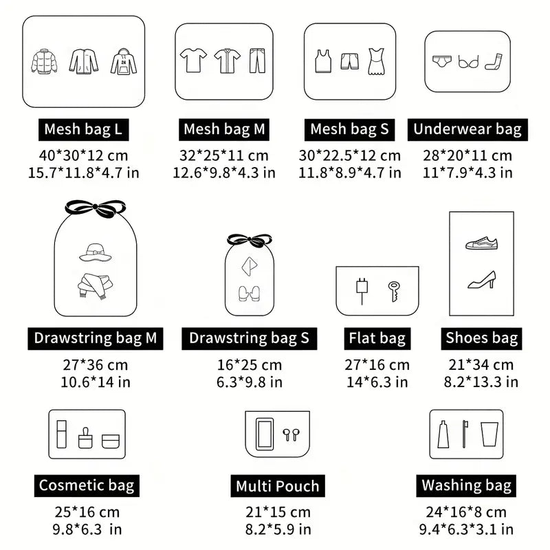 11'li Düz Renk Valiz Paketleme Küpleri Seyahat Düzenleyici Seti - MAKKA