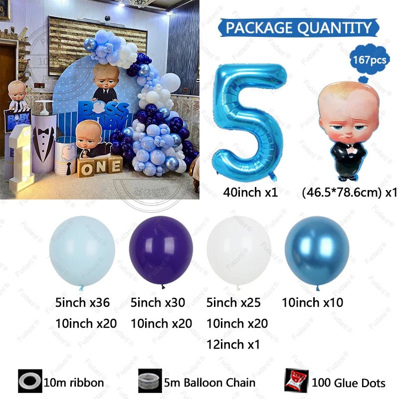 167 Parça Boss Baby Erkek Mavi Doğum Günü Balon Seti - MAKKA