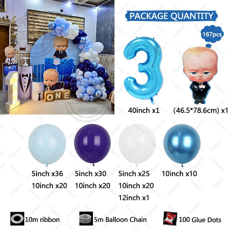 167 Parça Boss Baby Erkek Mavi Doğum Günü Balon Seti - MAKKA