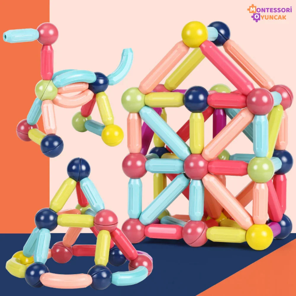 Montessori Manyetik Yapı Blokları - Renkli STEM Eğitim Seti - MAKKA