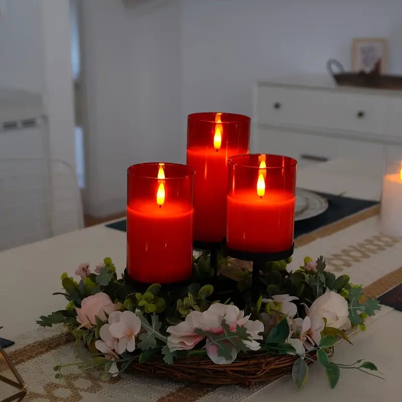 3 Adet Kırmızı Alevsiz Kumandalı Elektronik Mum Seti Zamanlayıcı - MAKKA