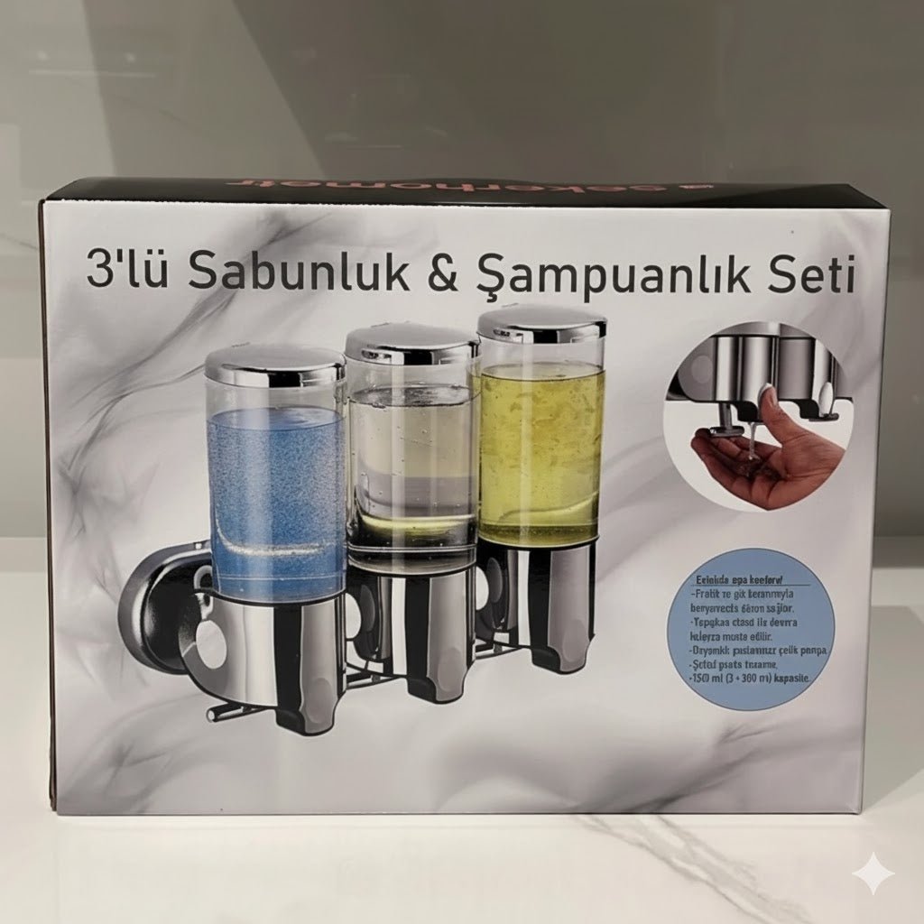 3 Bölmeli Duvara Yapışan Şeffaf Sabunluk ve Şampuan Dispenseri - MAKKA