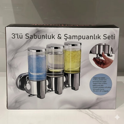 3 Bölmeli Duvara Yapışan Şeffaf Sabunluk ve Şampuan Dispenseri - MAKKA