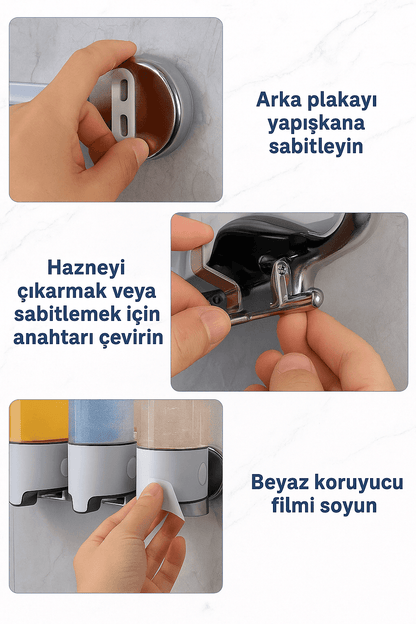 3 Bölmeli Duvara Yapışan Şeffaf Sabunluk ve Şampuan Dispenseri - MAKKA