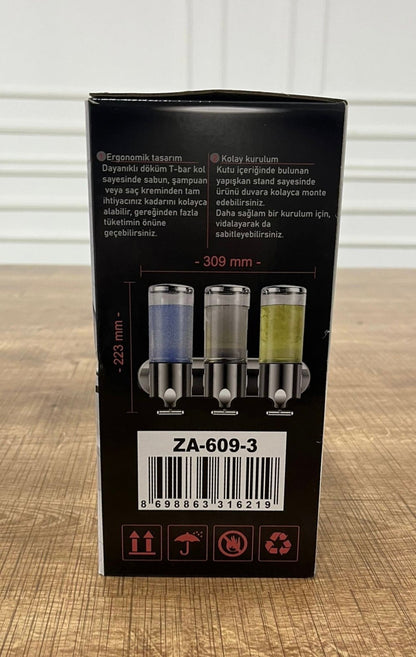 3 Bölmeli Duvara Yapışan Şeffaf Sabunluk ve Şampuan Dispenseri - MAKKA