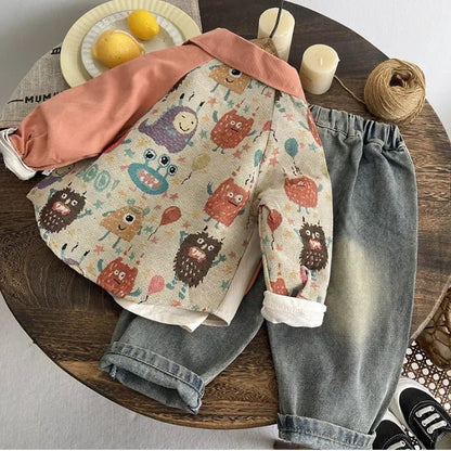 3 Parça Desenli Erkek Çocuk Takımı Esnek Bel Jean - MAKKA